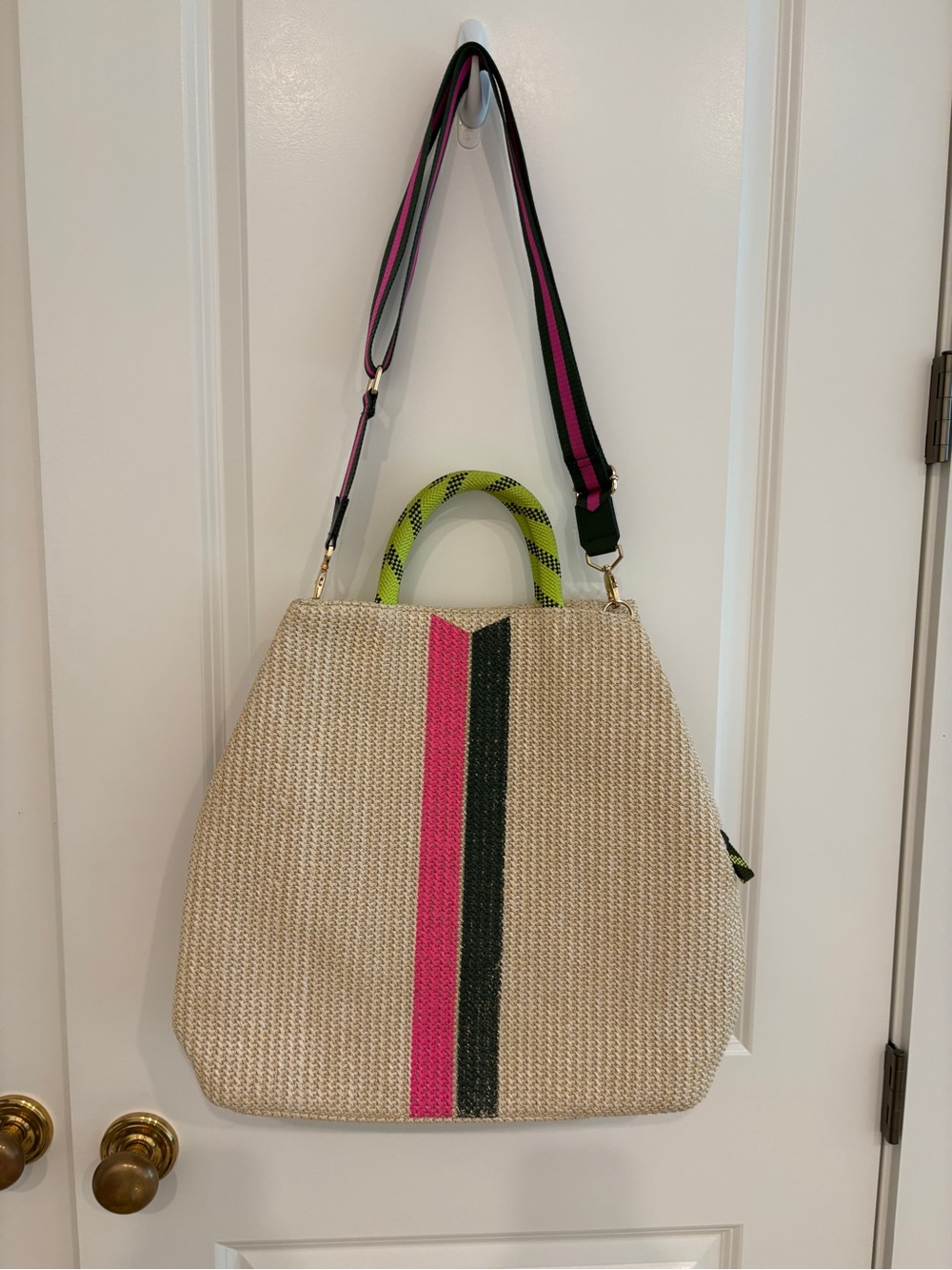 Stella & Dot Woven Straw Tote with Pink & green Stripe